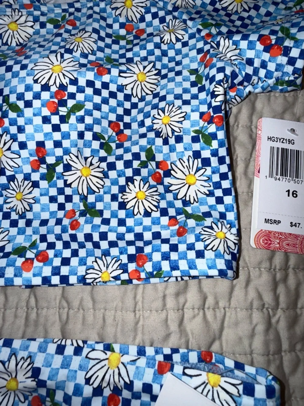 Hobie girls size 16 bikini swimsuit floral cap sleeve bralette set blue gingham